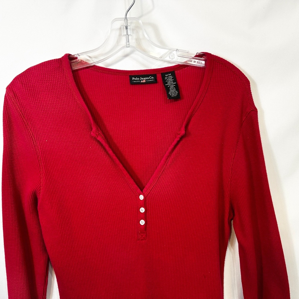 VTG Polo Ralph Lauren Medium Henley Top Red Waffle Knit Thermal Y2K Preppy 1501 - Picture 3 of 8